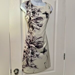 Dolce & Gabbana Ivory Silk Dress with Black floral and butterfly motif.